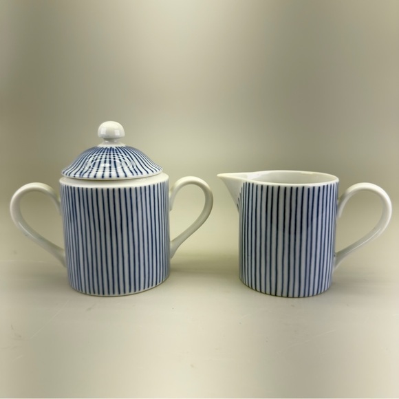 Fitz and Floyd Les Bands Blue and White Striped Sugar Creamer Set - Picture 5 of 15
